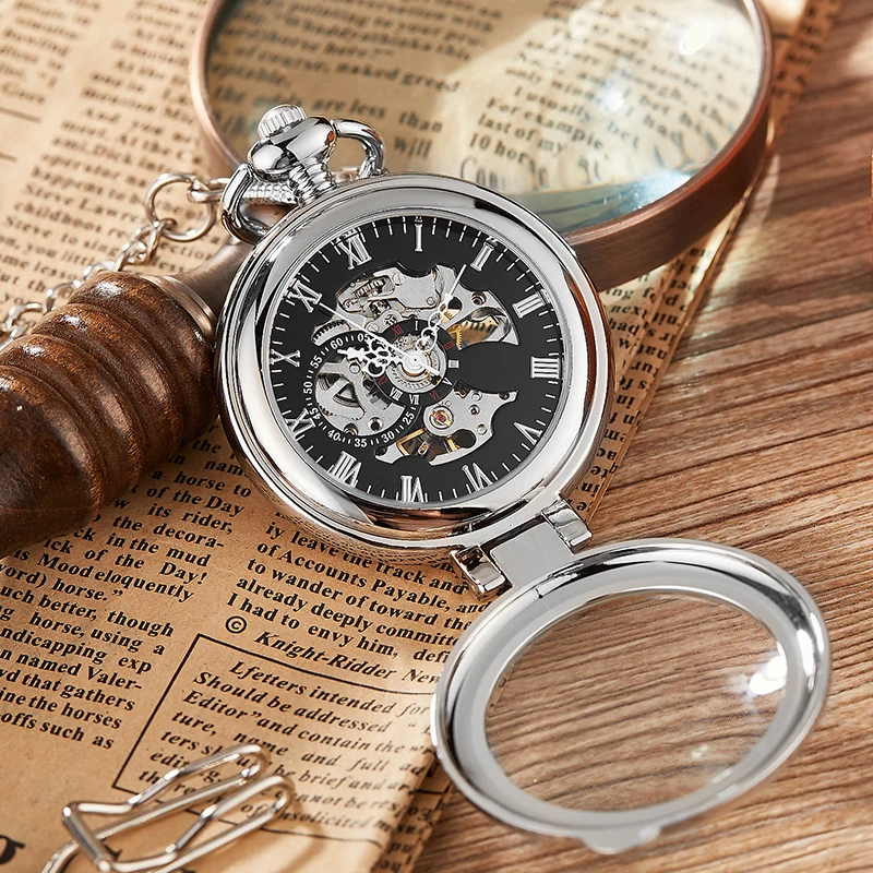 Orologio da tasca con movimento meccanico dorato custodia pieghevole con  lente d'ingrandimento elegante quadrante cavo con numeri romani con catena  FOB nuovo - AliExpress