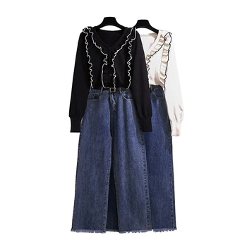 

V-Neck Knitting Cardigan Sweater Wide-Legged Straight Loose Tall Waist Denim Pants Trousers Women 2 Pcs Clothing Set Outfit