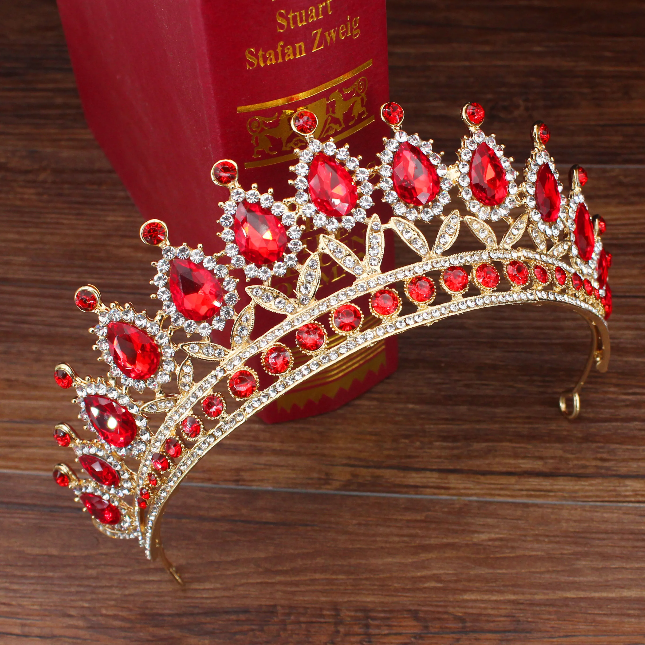 Tiara para boda, corona de Reina, novia, diadema de cristal rojo dorado, adornos para el cabello cabeza, accesorios de joyería, diadema concurso de mujer|Joyería para el cabello| - AliExpress