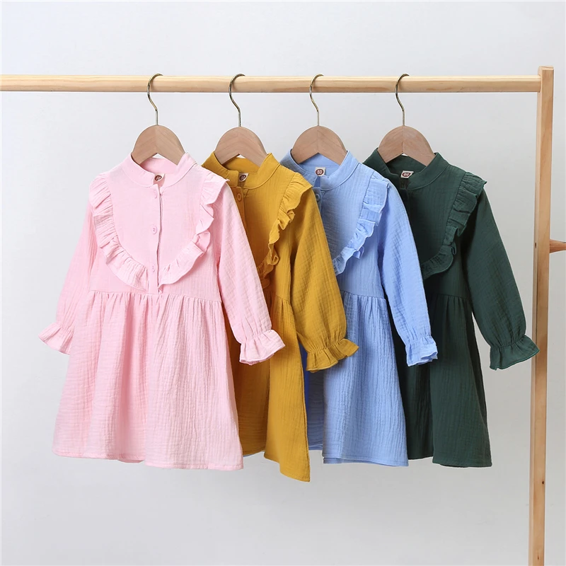 Baby 1-6Y Toddler Kid Girls Dress Vintage Ruffles Long Sleeve Tutu For Solid Autumn Spring Children Costumes | Детская одежда и