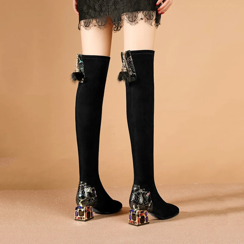 [DEAT] Square Toe Back Zipper Flock Black Crystal Mixed Colors Velvet Women Long Boots New Autumn Winter Fashion 10E664