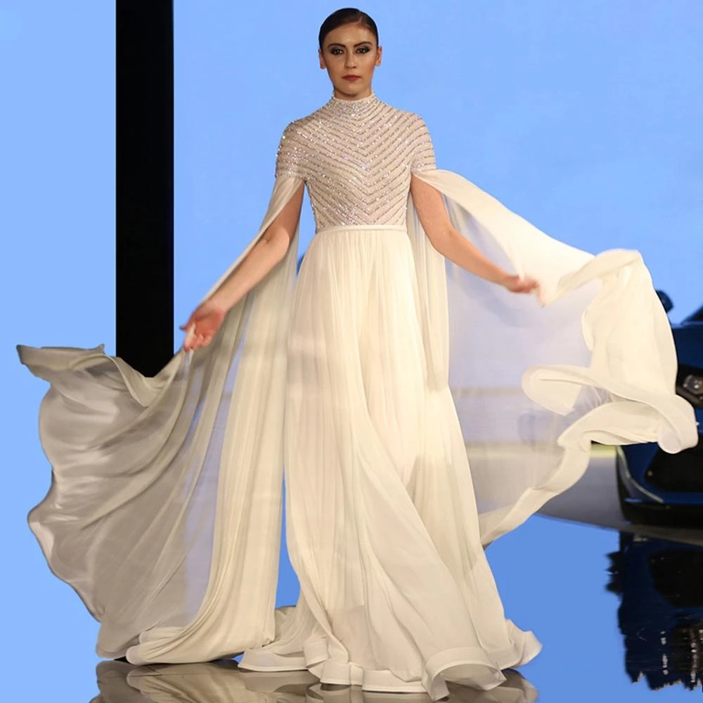 

Elegant White A Line Abric Evening Dresses with Wrap High Neck Long Sleeve Sequined and Beads Muslim Celebrity Prom Gowns
