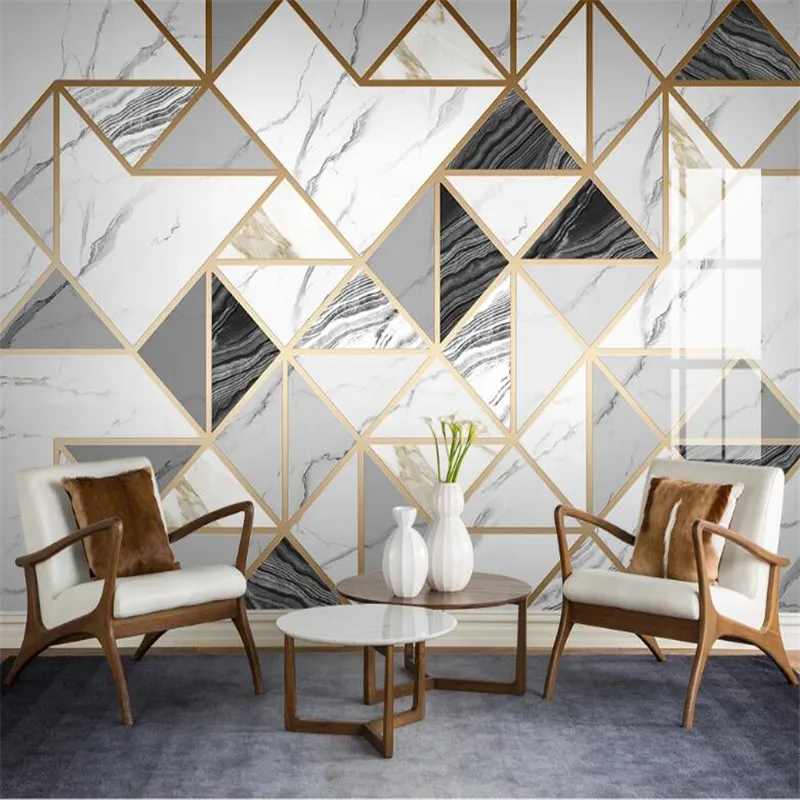 Large 3D Wallpaper Mural Custom Golden Line Geometric Jazz White Marble TV Background Wall Tile Mural