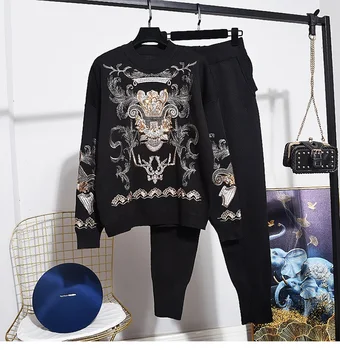 

Fashion Sequins Knit Tracksuit Female Spring Autumn Korean sleeve Sweater Long Pants Women Loose Black Knitted Set 2pc