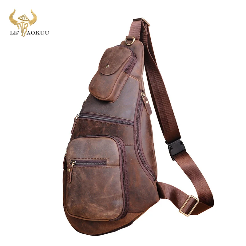 Men Crazy Horse Leather Casual Fashion Triangle Chest Sling Bag Design Travel 8