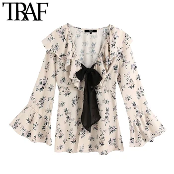

TRAF Women Fashion Floral Print Ruffled Blouses Vintage Bow Tie V Neck Long Sleeve Female Shirts Blusas Chic Tops