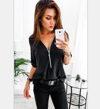 

2020 fashion street wear short-sleeved shirt women's taste personalized zipper sleeve free shipping