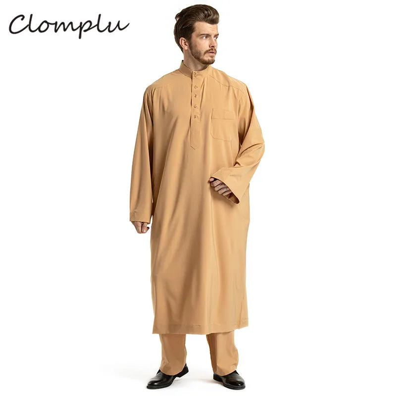 Clomplu повседневные мусульманские комплекты abaya нарядное платье в арабском стиле мусульманская одежда для мужчин новинка с длинными рукавами мужская одежда желтого, серого, белого цвета - Цвет: Цвет: желтый