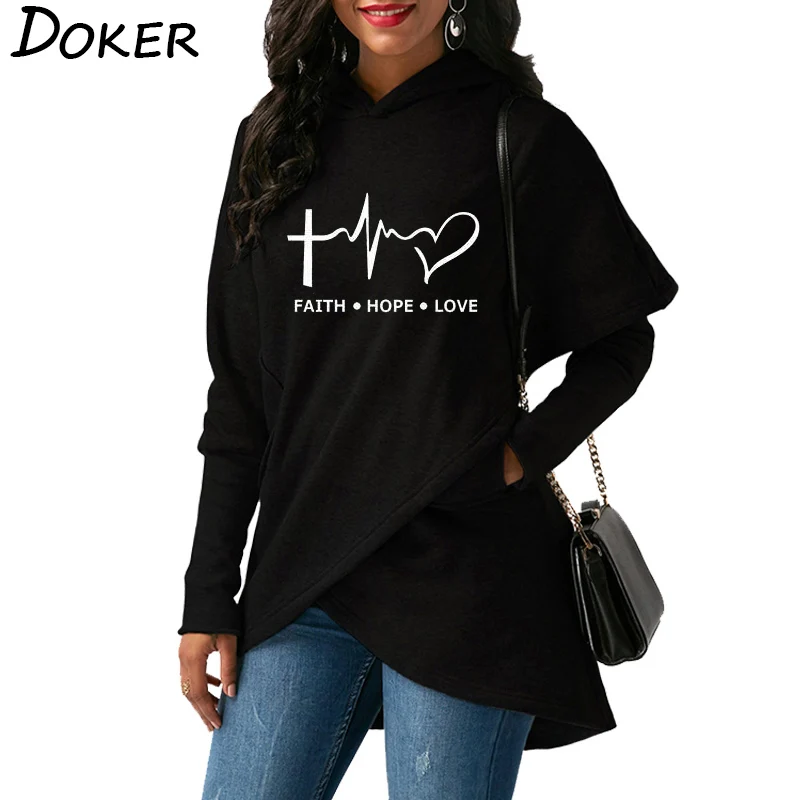 Autumn Winter Women Hoodies Sweatshirts Casual Plus Size Faith Printed Hooded Sweatshirt Female Loo