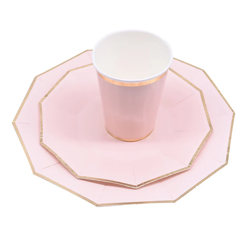 24pcs/set Green Pink Blue Paper Plates Cups Disposable Tableware Set for Wedding Birthday Party Baby Shower Supplies Gold Decor