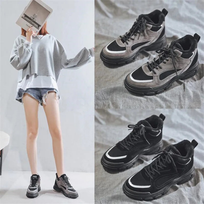 fur snekaers high top platform chunky winter shoes plush Warm Sneakers Plush Inside Top Suede Leather women shoes