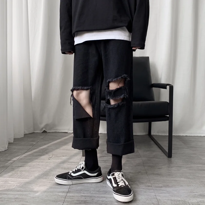 Great Value Hole Jeans Men's Fashion Washed Casual Straight Black Jean Pants Men Streetwear Wild Loose Hip Hop Denim Trousers Mens M-2XL