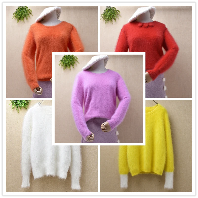

Женский короткий пуловер из шерсти норки и кашемира, зимний облегающий пуловер с круглым вырезом и длинными рукавами, джемпер из ангоры и кроличьего меха