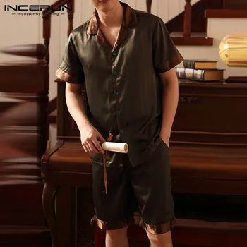 

INCERUN 2020 Fashion Striped Men Pajamas Sets Short Sleeve Lapel Pyjamas Soft Shorts Leisure Cozy Mens Sleepwear Sets Homewear 7