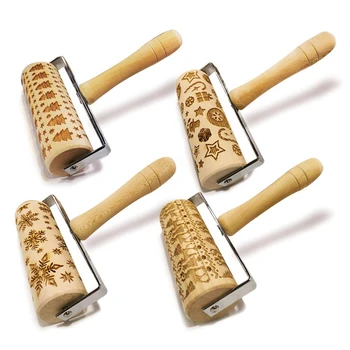 

Hand-Held Embossed Rolling Pins Christmas Wooden Hand Grip Engraved Rolling Pin for Baking Non-Stick Bossed Professional Dough R