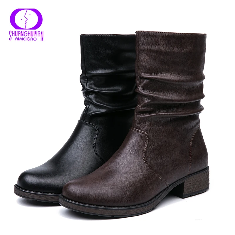 AIMEIGAO/теплая флисовая обувь; зимние ботинки из мягкой кожи коричневого цвета на молнии; Женская водонепроницаемая обувь на низком каблуке; женские ботинки на плоской подошве