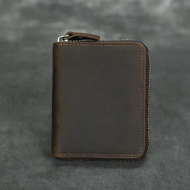 Short Organizer Wallet Man With Zipper Around Genuine Leather Male Coin Purse Crazy Horse Leather Card Holder For Boys Vintage Color 4