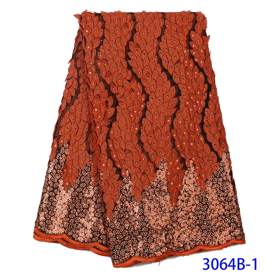 Ankara French Fancy Cheap Wholesale Russet Burnt Orange Wedding Polyester Mesh Shinning Metal Sequins Lace Fabric by The Yard