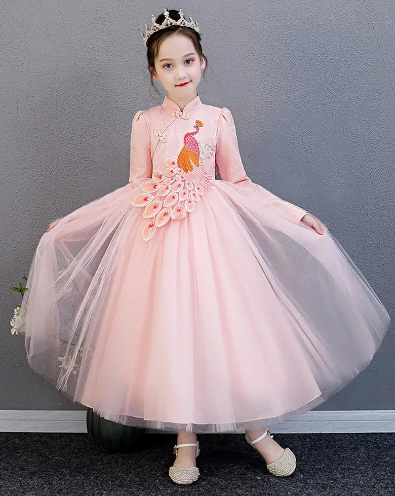 Платье принцессы с длинными рукавами и аппликацией павлина; Сетчатое платье-пачка для девочек; платье для свадебной вечеринки; платье для девочек; платье для дня рождения; костюмы для девочек - Цвет: pink-long
