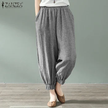 

S 5XL ZANZEA Casual Turnip Trousers Summer Elastic Waist Cotton Harem Pants Women Vintage Striped Long Pantalon Female Palazzo