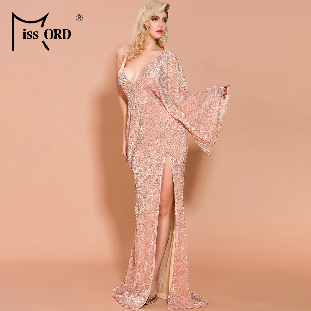 Missord осеннее и зимнее сексуальное одноцветное Женское Платье макси с глубоким v-образным вырезом и блестками на одно плечо элегантное женское платье FT19802