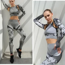 Conjunto de agasalho sem costura feminino, peça esportiva de malhação com manga comprida e calça legging para ioga, fitness, roupa de ginástica com cintura alta
