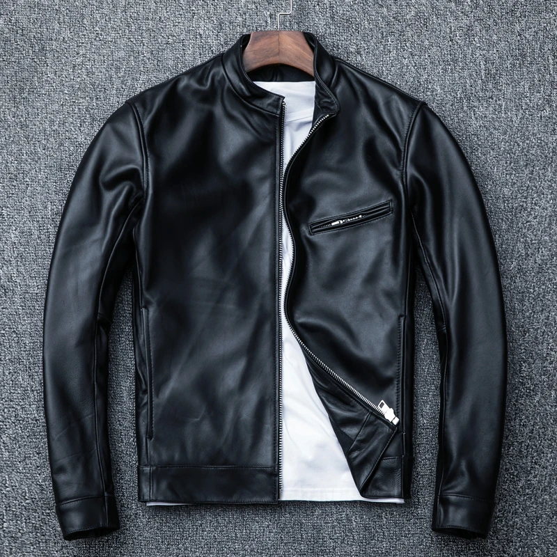 Черные тонкие роскошные кожаные куртки из овчины, мужские повседневные Мотоциклетные Куртки из натуральной кожи, куртка Авиатор, байкерские короткие пальто - Цвет: black