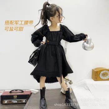 

2020 autumn new girls' pants, square neck long sleeves, irregular waist dress, A-line dress
