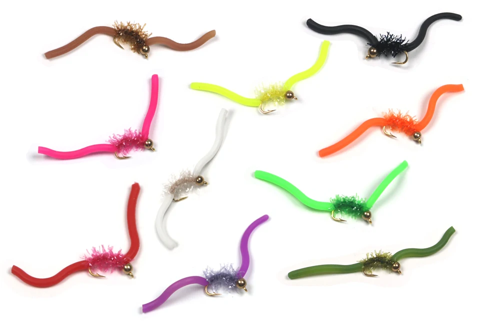 ICERIO 10PCS San Juan Worm Brass Bead Head Squirmy Wormy Fly Trout Fly Fishing Lures Nymphs#10