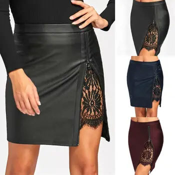 

Ladies Stylish PU Leather Lace Pencil Mini Skirt High Waist Zipper Women Sexy Bodycon Mini Short Skirt Stretch