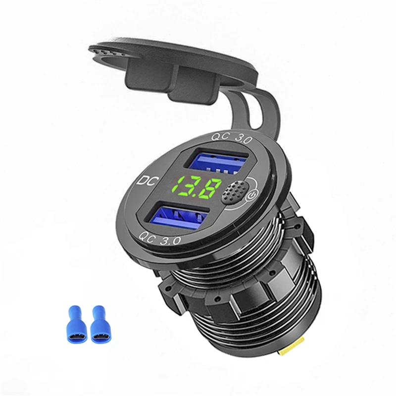 Quick Charge 3.0 36W Car Dual USB Charger QC3.0 Aluminiun Waterproof with Voltmeter Switch for 12V/24V Motorcycle Boat Marine RV |