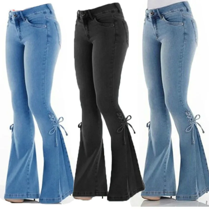 

2020 Girls Women Jeans Flare Pants Bow Mujer Woman High Waist Cowboy Trousers Elastic Jeans Denim Plus Size 4xl Bodycon Femme