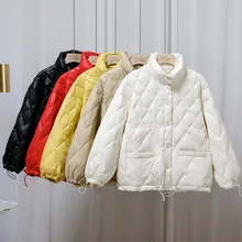 

Winter Lightweight Down Jacket Women's Short Stand Collar Slim Fit Warm Diamond Lattice Pocket Button White Duck Down Clothes