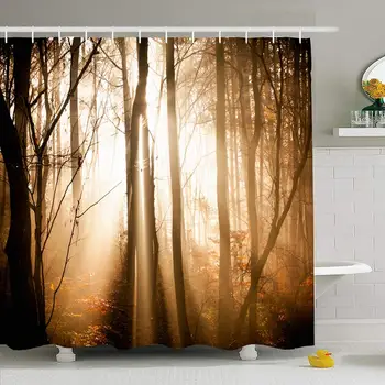 

Shower Curtain Set with Hooks 72x72 Walking Autumn Excursion Outside Forest Nature Outdoors Parks Landscape Fall Brisk Morning