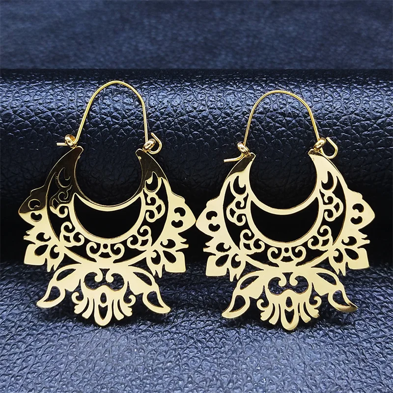 Bohemia Edelstahl Indien Blumen Creolen für Damen, Goldfarben, Große Runde Ohrringe mit Exklusivem Design, Modische Boho-Schmuckstücke – Detail 2