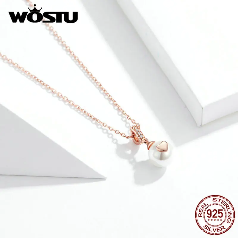 WOSTU, 925 пробы, серебристый белый жемчуг, сердце, подвеска, ожерелья, розовое золото, цепочка, звено для женщин, Свадебные Роскошные ювелирные изделия FIN351