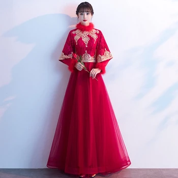 

Chinese Style Bride toast clothing wine red winter long-sleeved thick warm retro long wedding dress bride back door dress