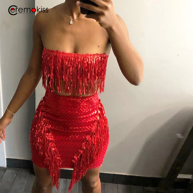 

Ceremokiss Sexy Two Piece Set Sexy Tassels Sequin Strapless Crop Top Skirt Set Backless Nightclub Party 2 Piece Set Women Sets