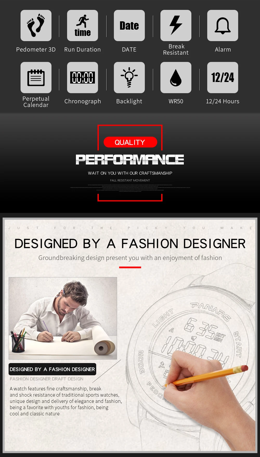 PANARS Mens Digital Watches Men's Sport Watch Dual Time Pedometer Alarm Clock 50M Waterproof Military Multifunction Reloj Hombre