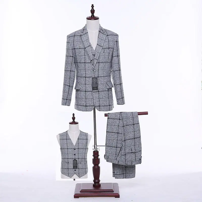 

Fashion Men's Suits Light Gray Plaid Pattern Men Wedding Suits Groom Tuxedos Formal Business Suits Custom (Jacket+Pants+Vest )