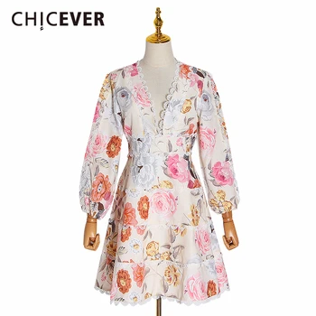 

CHICEVER Print Lace Women Dress V Neck Lantern Long Sleeve High Waist Ruched Dresses For Female Fashion Clothing 2020 Tide