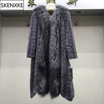 

Brand Long Style Lady Genuine Mink Fur Coats Women Winter Warm Real Mink Fur Overcoat Luxury Handmade Big Fox Fur Collar Jackets