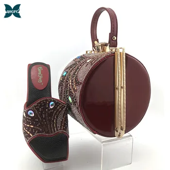 

Wine Color Latest INS Hot Selling African Women Shoes and Bag Set African Lady Matching Shoes and Bag for Garden Party