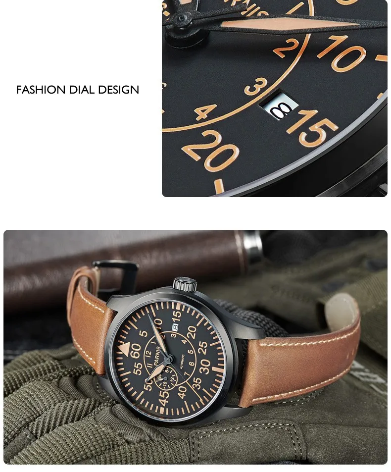 44 мм мужские s Pilot автоматические механические часы с календарем сапфировые часы из натуральной кожи ВВС мужские военные наручные часы светящиеся