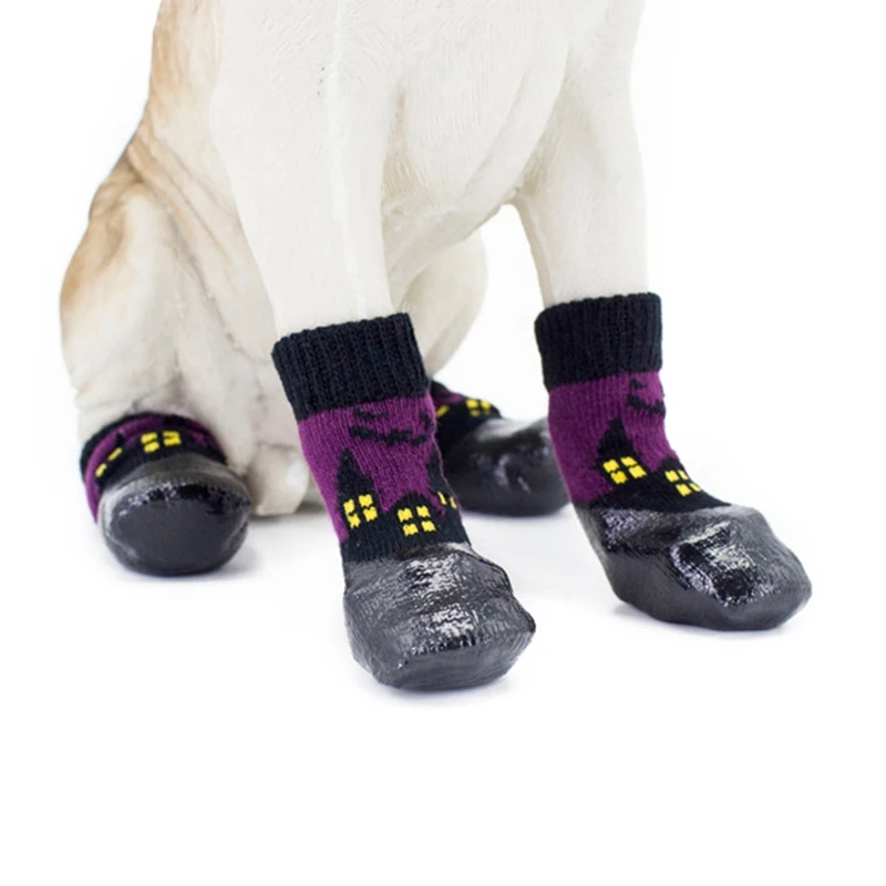 Водонепроницаемые Нескользящие фиолетовые носки для домашних животных на Хэллоуин, резиновая подошва, защитные лапы для средних и больших собак, грязные носки для питомцев, для собак