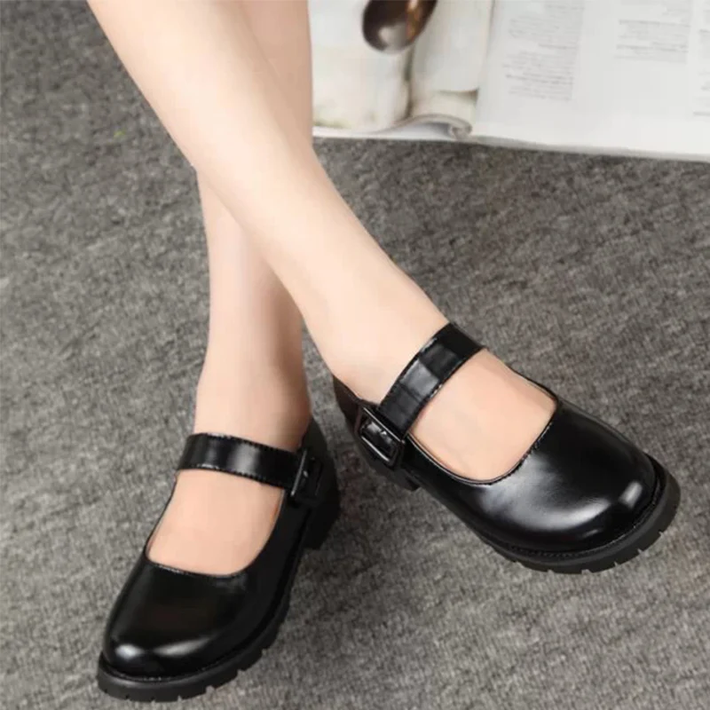

New Women Autumn Mary Janes Buckle Strap Low Heel Pumps Ladies PU Leather Round Toe Fashion Female Platform Lolita Shoes