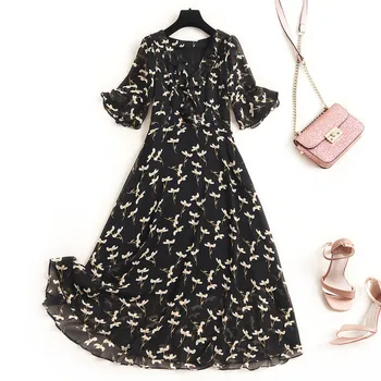 

Summer Chiffon Dress 2020 New Fashion Womens Clothing Elegant Flare Sleeve Floral Print Aline Casual Holiday Dresses Vestidos