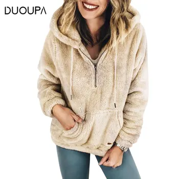 

DUOUPA 2019 Autumn and Winter Warm Hooded Jacket Fashion Women's Soft Zipper Fur Coat Female Plush Coat Pocket Casual Teddy Coat
