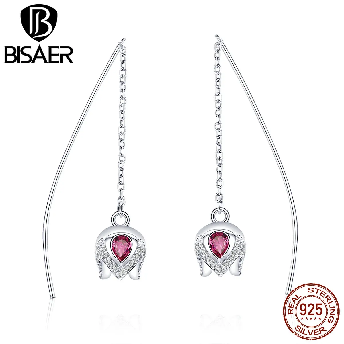 

BISAER Chain Earrings 925 Sterling Silver Pink Crystal Tulip Flower Long Drop Earring for Women Fashion Jewelry 2019 Mode GXE504