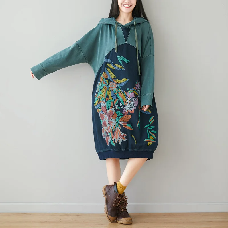 Johnature осенне-зимнее свободное удобное хлопковое платье корейского размера плюс с капюшоном новые женские платья для отдыха в стиле ретро с цветочным принтом